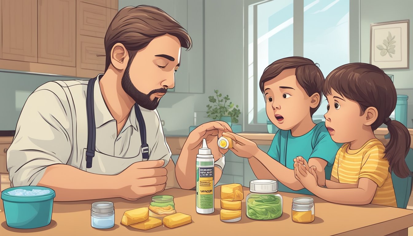 A worried parent holding an EpiPen while a child reacts to a common food allergen, with a medical professional providing treatment