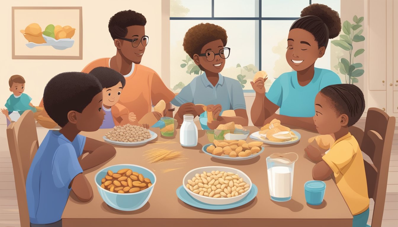 A diverse group of young children sitting at a table with a variety of common food allergens such as peanuts, milk, eggs, and wheat, while a parent or caregiver reads a concise guide on managing food allergies