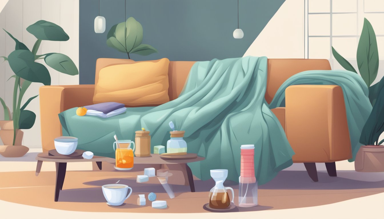 A table with various cold remedies: tissues, hot tea, cough drops, and a thermometer. A person resting under a blanket on a couch