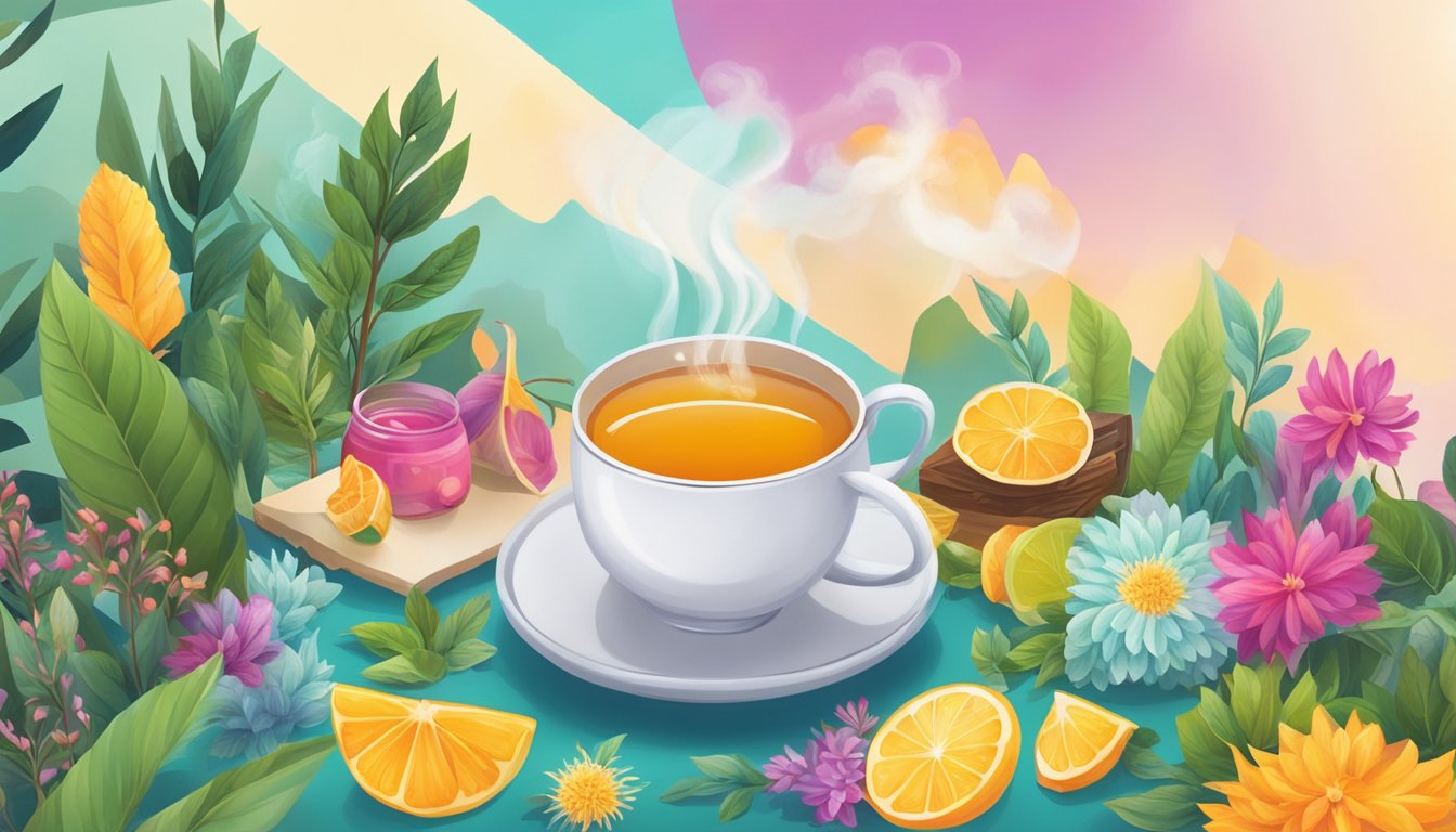 A steaming cup of Dandy Blend tea sits beside other beverages, surrounded by vibrant colors and natural elements