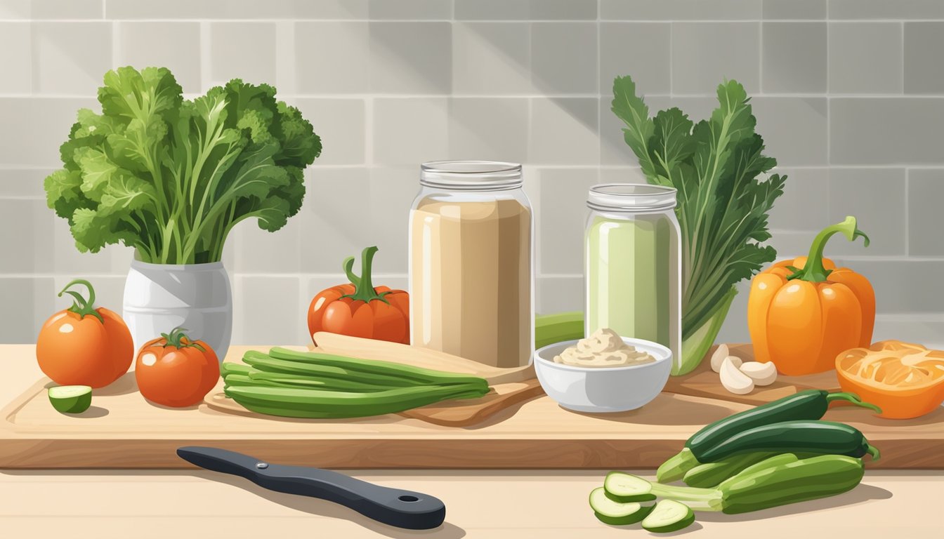 A wooden cutting board with fresh vegetables, a jar of creamy cashew dip, and sleek kitchen tools arranged on a clean, modern countertop