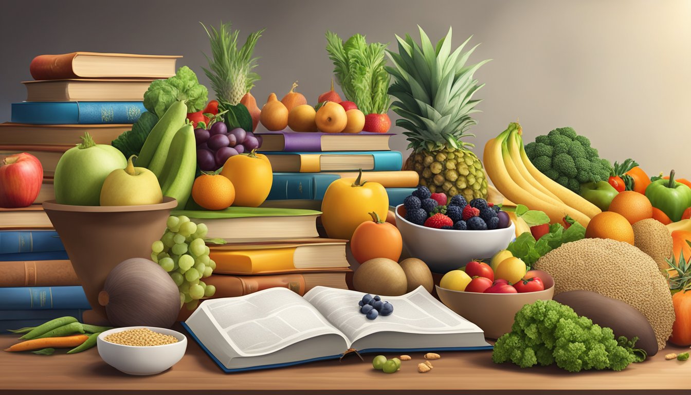 A table filled with various fruits, vegetables, and whole grains, surrounded by books on holistic nutrition and a diploma on the wall