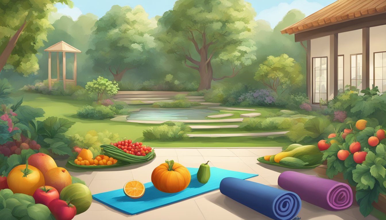 A serene garden with a flowing stream, surrounded by vibrant fruits and vegetables, with a yoga mat and meditation cushion nearby