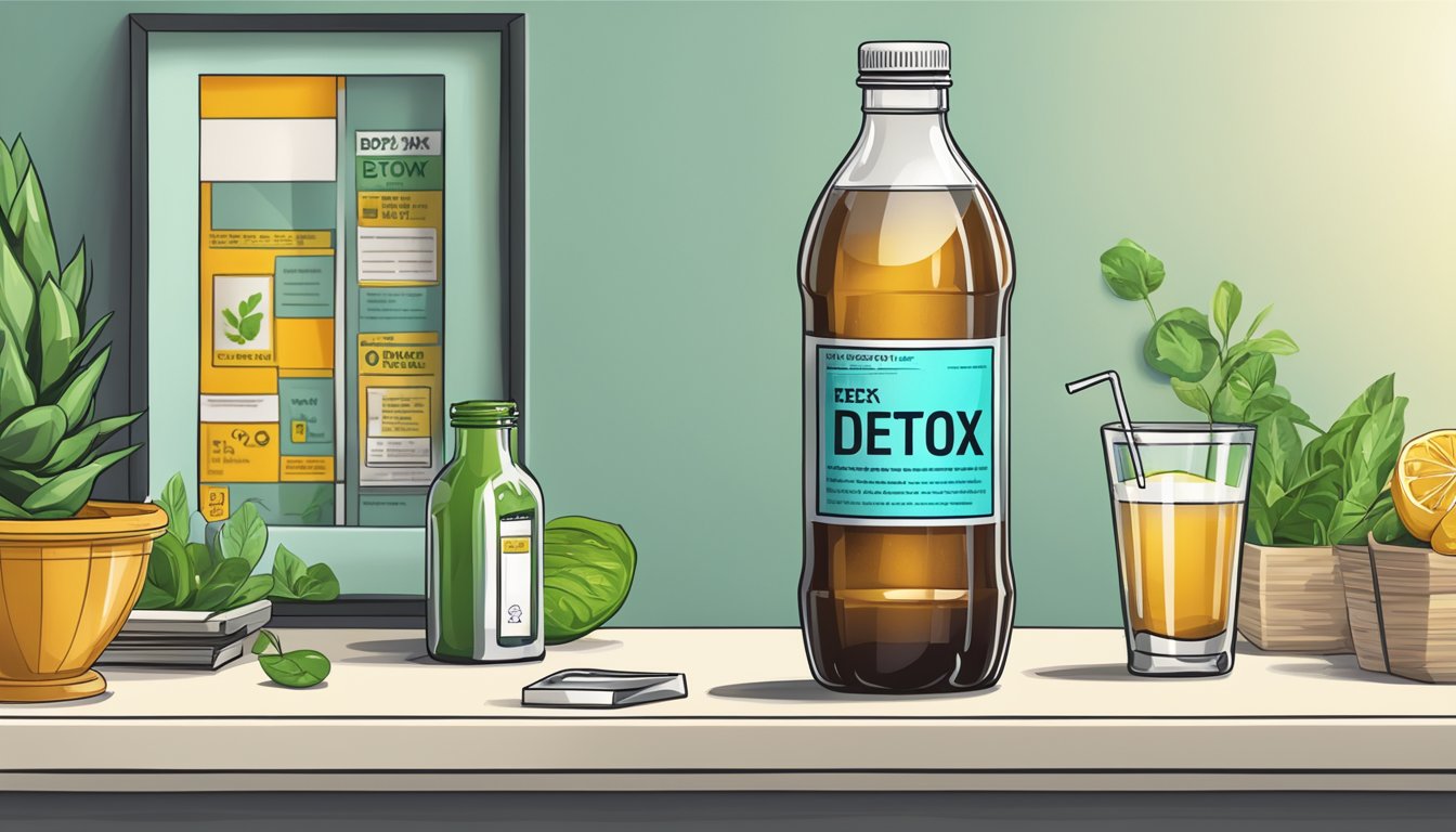 A bottle of detox drink next to a warning sign