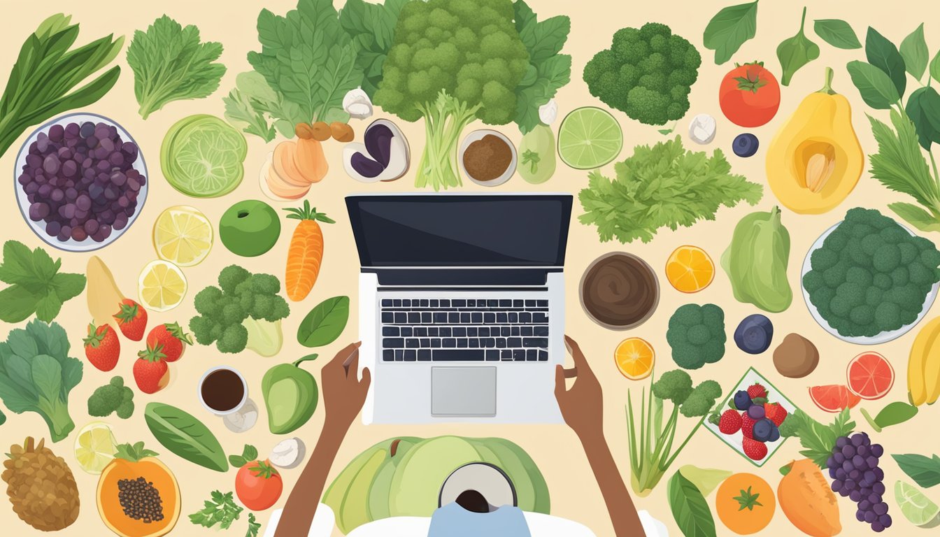 A person researching holistic nutrition surrounded by various fruits, vegetables, herbs, and supplements, with a notebook and laptop on a table