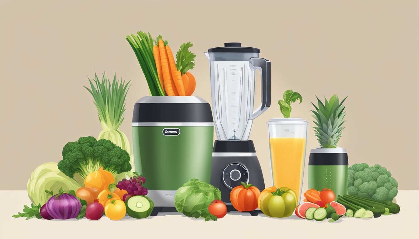 A variety of fresh vegetables and fruits arranged next to a high-speed blender, with a steaming bowl of detox soup in the foreground