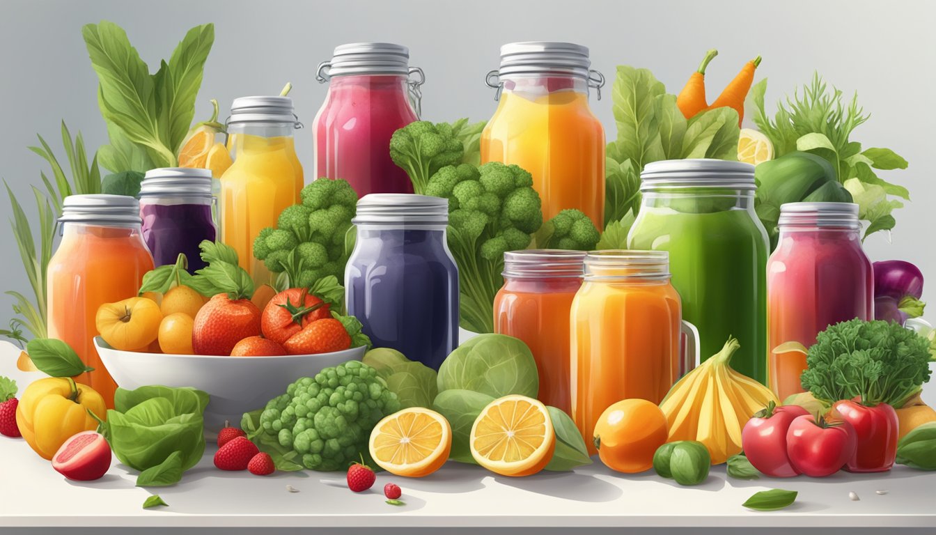 A pile of fresh fruits and vegetables arranged on a clean, white table, surrounded by glass jars of colorful juices and herbal teas