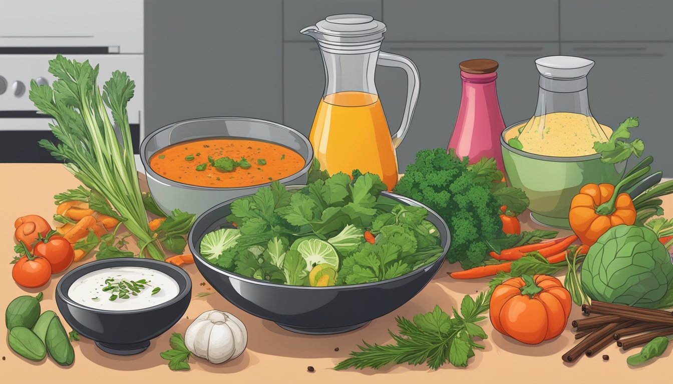 A table with fresh vegetables, a blender, and a steaming bowl of detox soup surrounded by vibrant herbs and spices