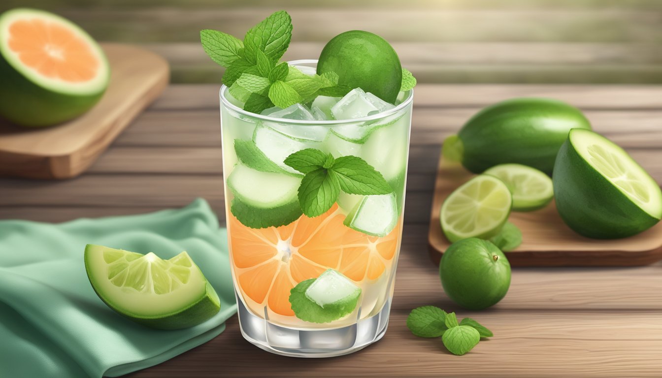 A refreshing cucumber grapefruit drink with ice and mint garnish on a wooden table