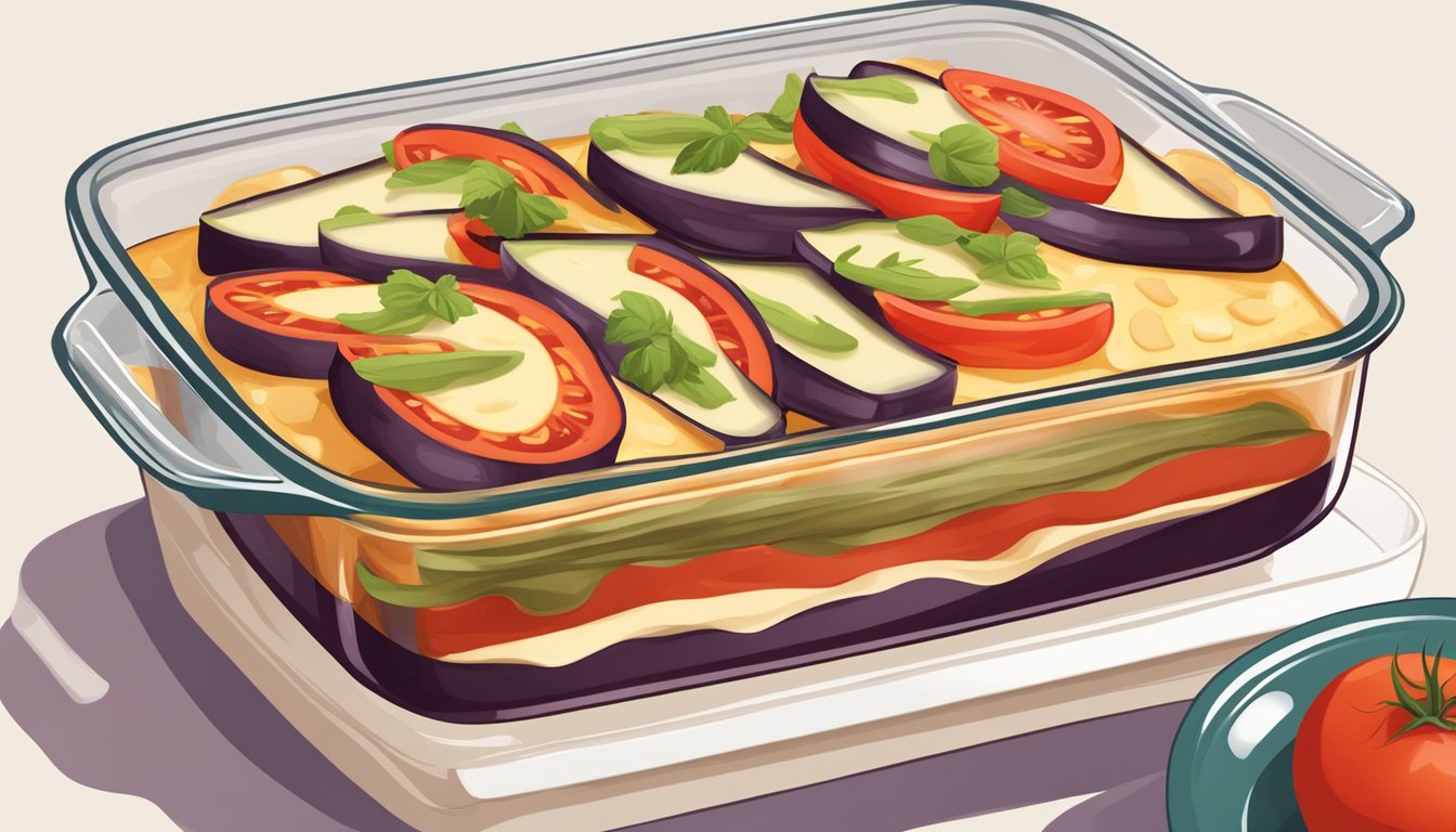 Sliced eggplant, layers of cheese, and tomato sauce in a baking dish