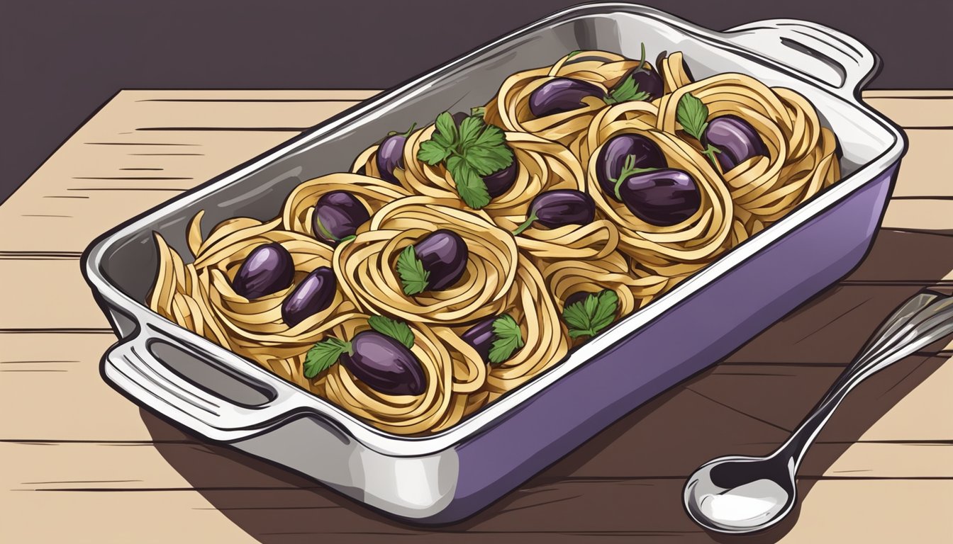 Sliced eggplant, layering with pasta and sauce in a baking dish