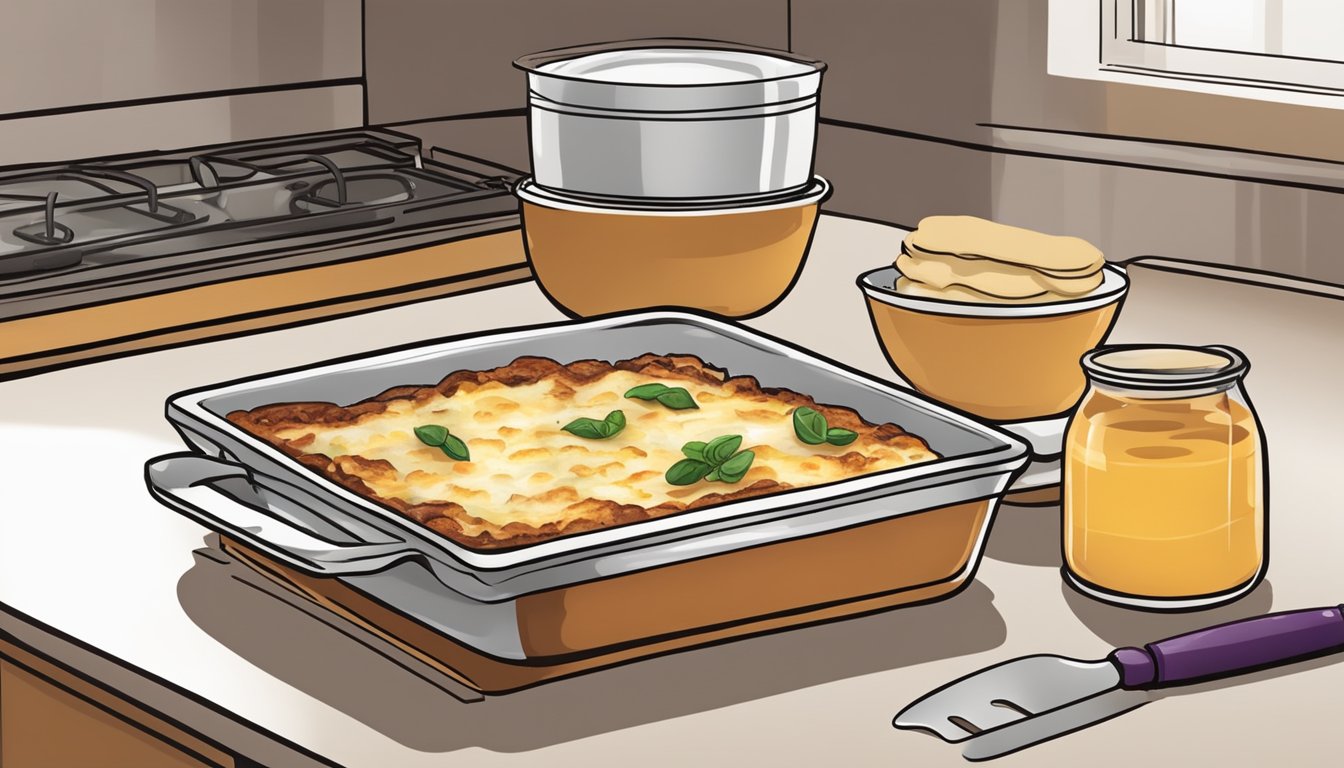 A kitchen counter with a baking dish of eggplant lasagna, a serving spatula, and a plate ready to be served