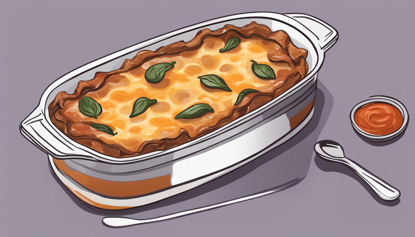 A baking dish filled with layers of eggplant, marinara sauce, and melted cheese, with a spoon nearby for serving