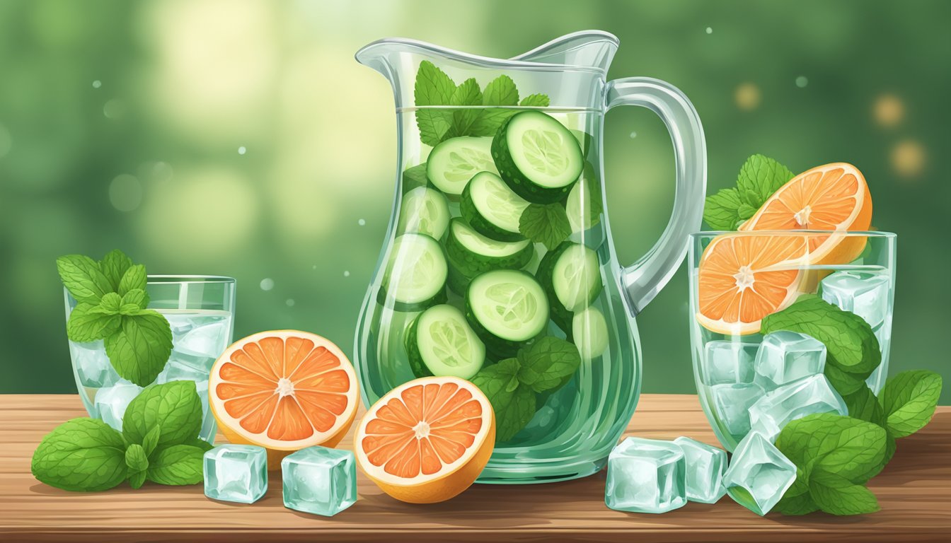 A glass pitcher filled with cucumber and grapefruit slices, surrounded by fresh mint leaves and ice cubes on a wooden table