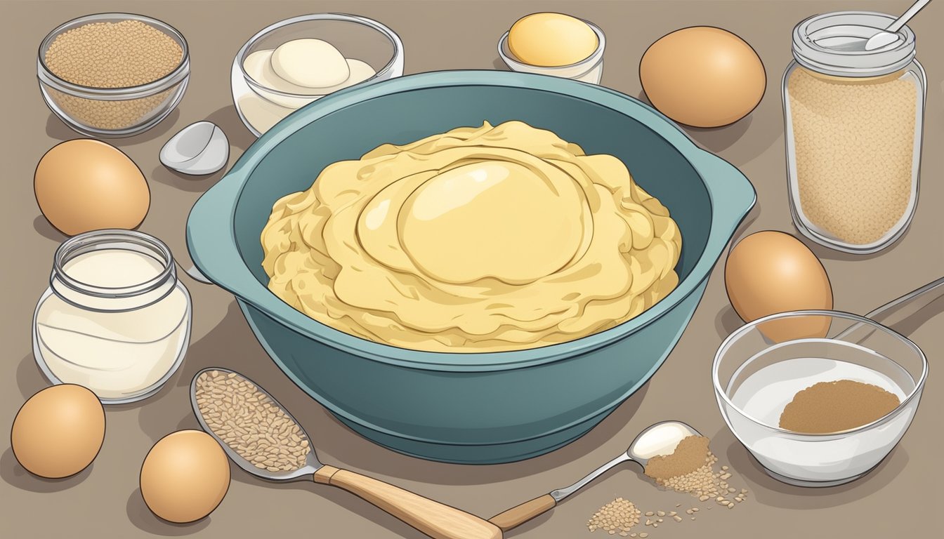 A mixing bowl filled with various egg substitutes like applesauce, mashed bananas, and flaxseed gel, surrounded by baking ingredients and utensils