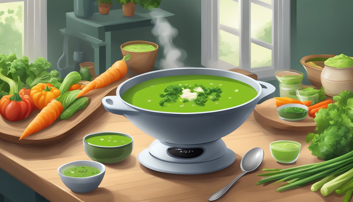 A table set with fresh vegetables, a blender, and a steaming bowl of vibrant green soup