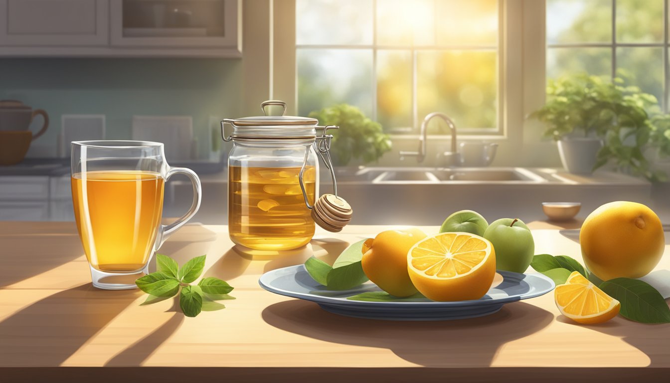 A serene kitchen table with a bowl of fresh fruit, a jar of honey, and a steaming cup of herbal tea, surrounded by sunlight