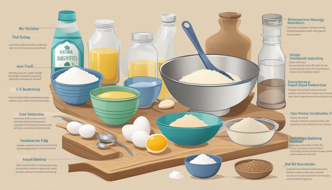 A kitchen counter with various ingredients and tools for baking, including bowls, measuring spoons, and a chart listing natural egg substitutes