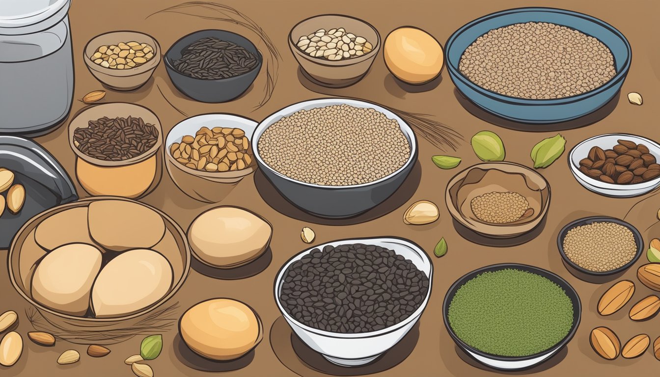 A variety of seeds and nuts arranged on a table, with a chart showing egg-free baking alternatives displayed nearby