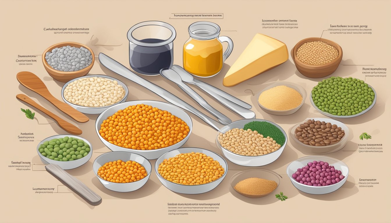 A colorful chart with various legumes and their corresponding measurements, surrounded by baking ingredients and utensils