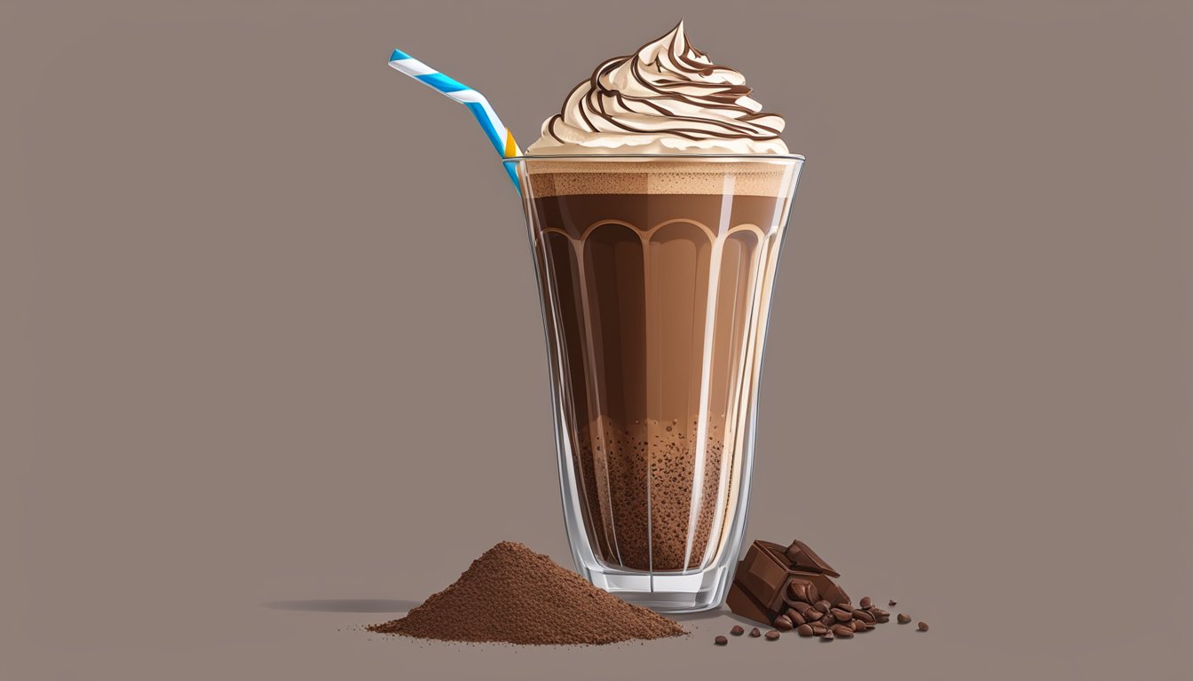 A tall glass filled with a creamy, double chocolate espresso smoothie, topped with a sprinkle of cocoa powder and served with a decorative straw