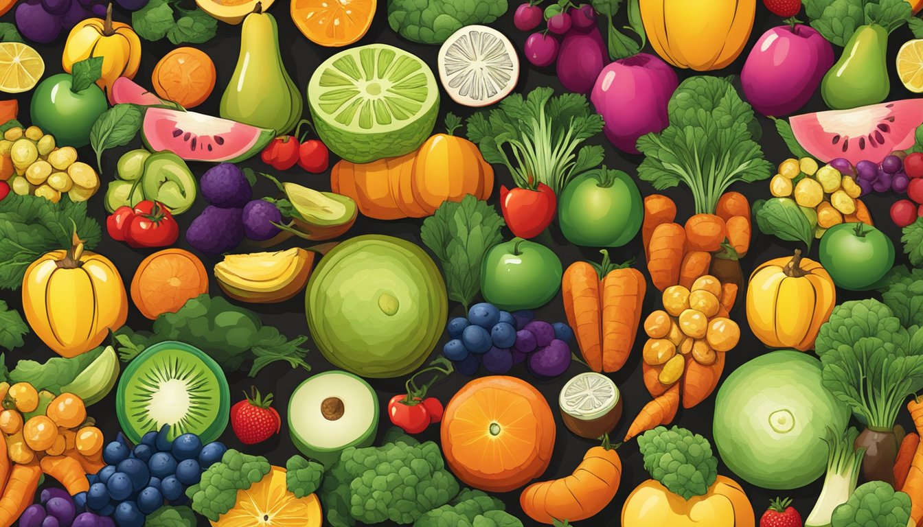 A diverse array of fruits and vegetables arranged in a balanced and visually appealing composition, with a variety of colors and textures