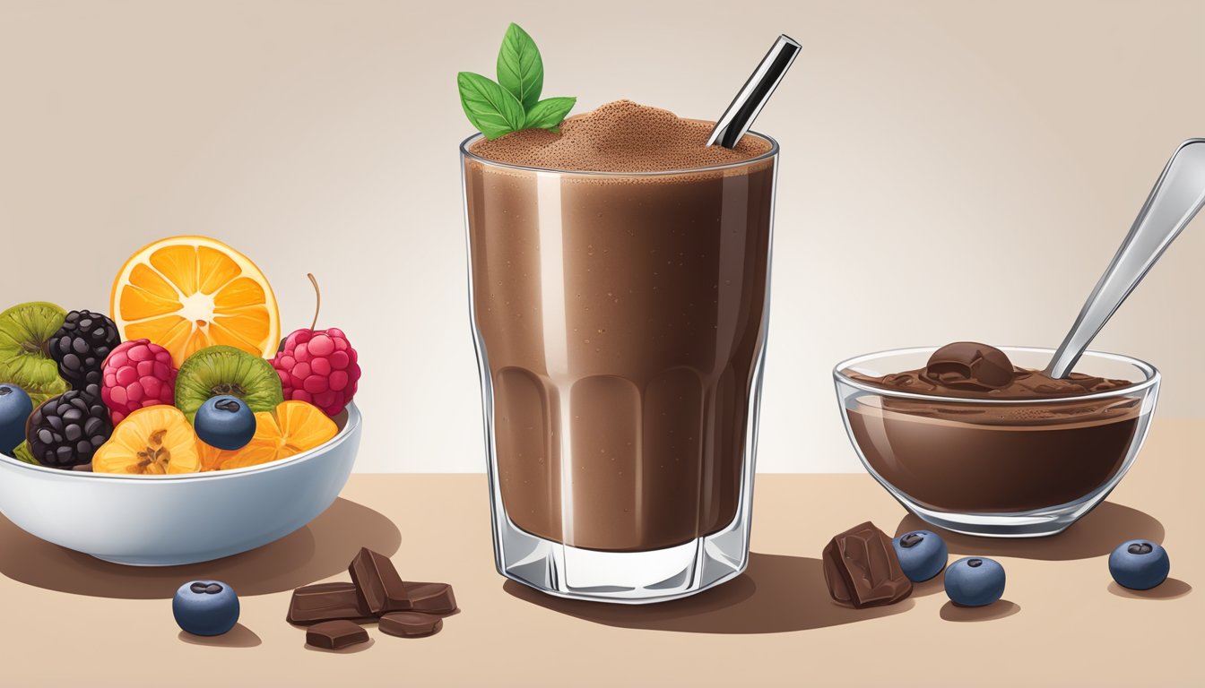 A glass of double chocolate espresso smoothie surrounded by vibrant superfoods and additional nutrients, exuding a rich and energizing breakfast blend