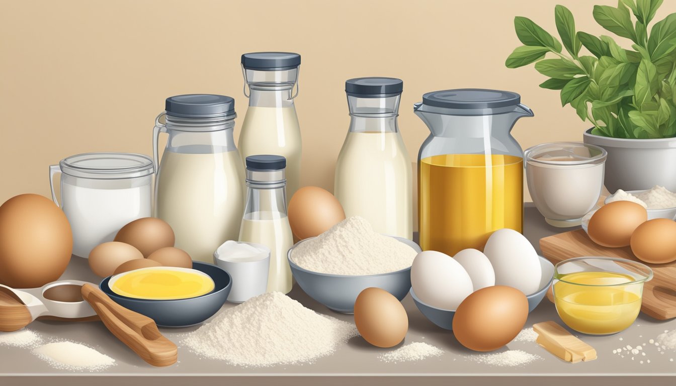 A chart with various egg substitutes surrounded by ingredients like flour, milk, and oil on a kitchen counter