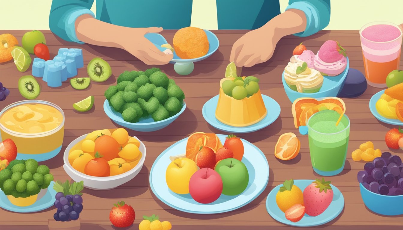 A table set with a variety of sugary treats, surrounded by colorful fruits and vegetables, with a person engaging in physical activity nearby