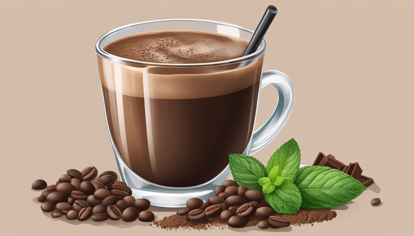 A glass of double chocolate espresso smoothie surrounded by coffee beans and cocoa powder, with a spoon and a sprig of mint on the side