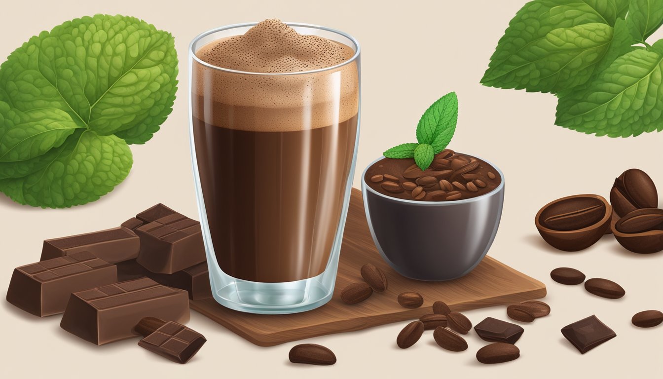 A glass of double chocolate espresso smoothie surrounded by cocoa beans, coffee beans, and a sprig of mint on a wooden table