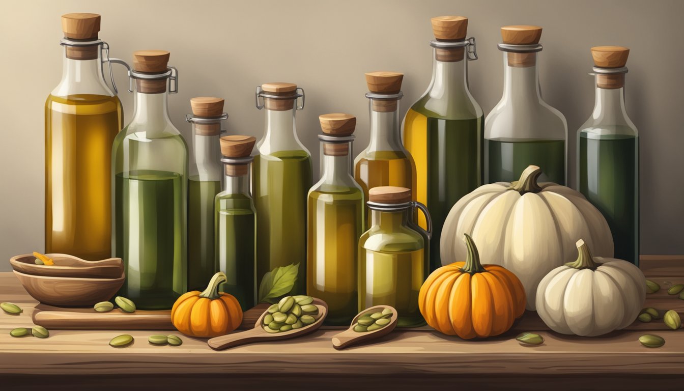 A rustic kitchen with a wooden table set with bottles of pumpkin seed oil, fresh pumpkins, and various cooking utensils