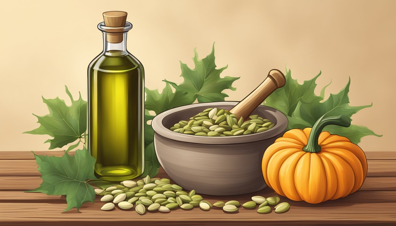 A bottle of pumpkin seed oil surrounded by pumpkins, seeds, and a mortar and pestle on a wooden table