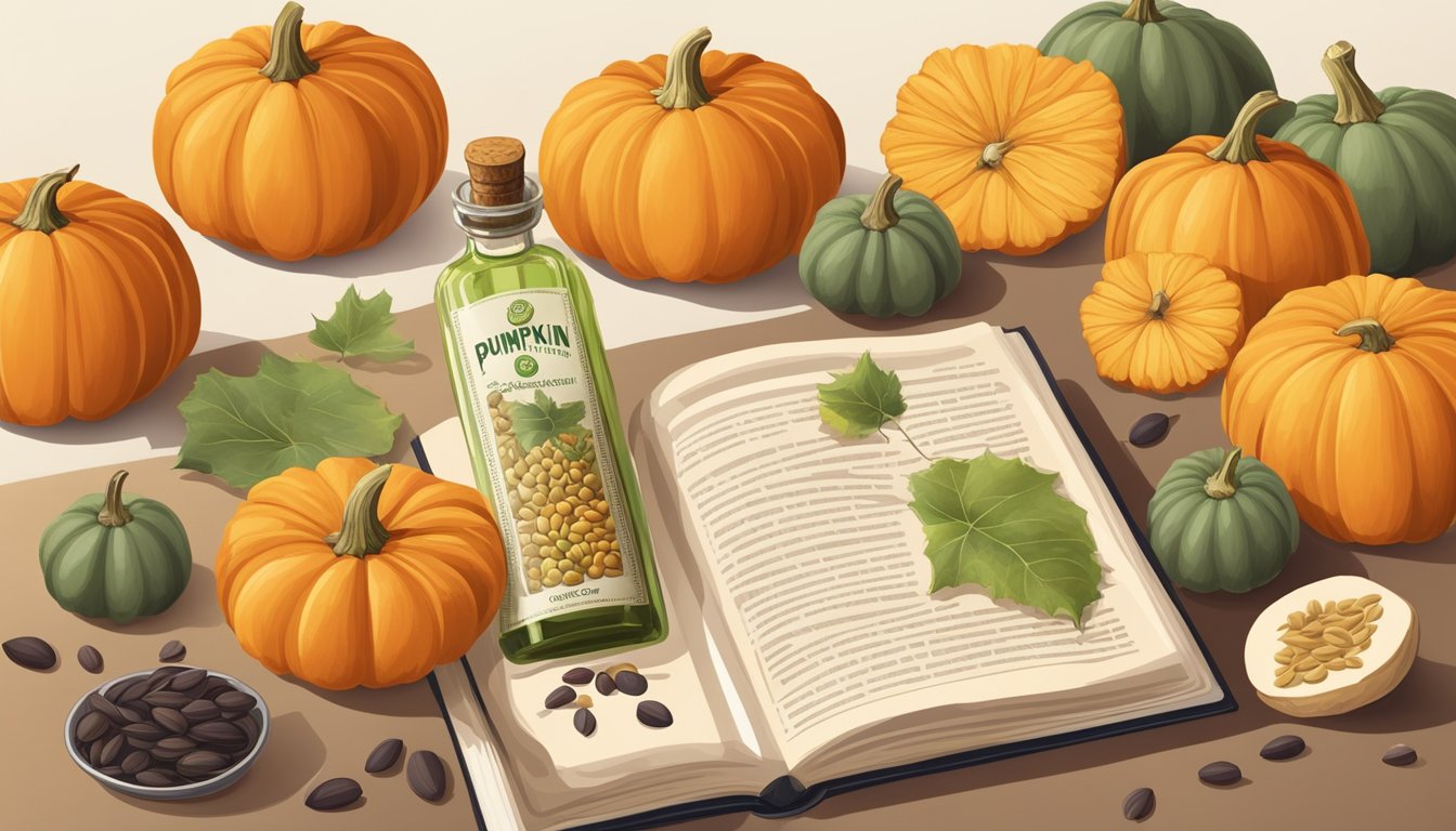 A bottle of pumpkin seed oil surrounded by various pumpkins and seeds, with a comprehensive guide book open next to it