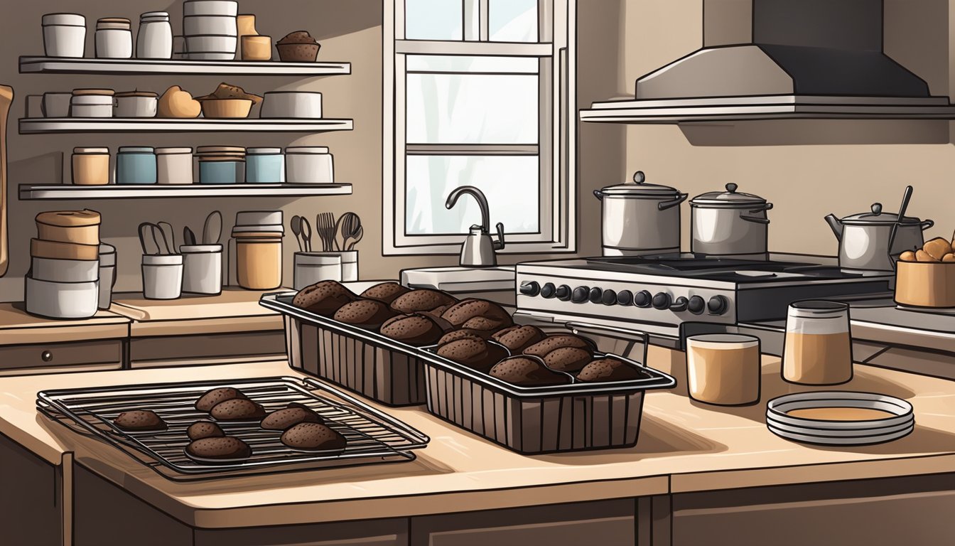 A kitchen counter with freshly baked double chocolate muffins cooling on a wire rack, surrounded by baking utensils and ingredients neatly organized in storage containers