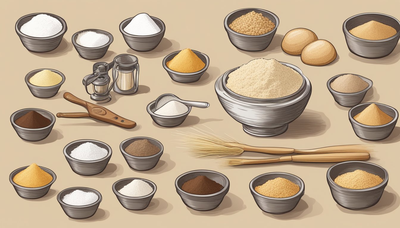 A variety of flours arranged in a chart with labels, surrounded by baking tools and ingredients