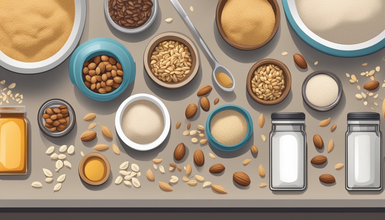 A kitchen counter with various types of nut and seed flours in labeled containers, surrounded by baking utensils and ingredients