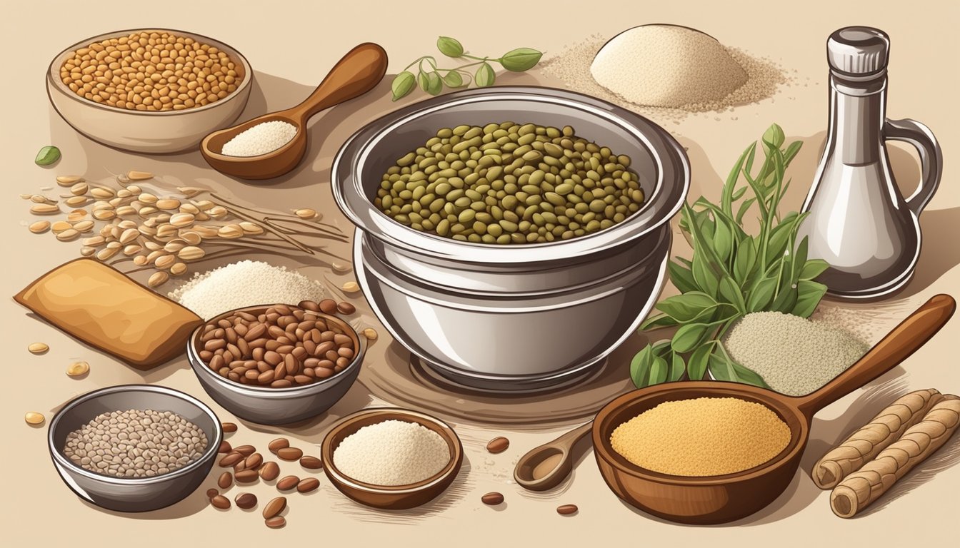 A variety of legumes and beans arranged in a chart, surrounded by different types of flour, with baking tools and ingredients in the background