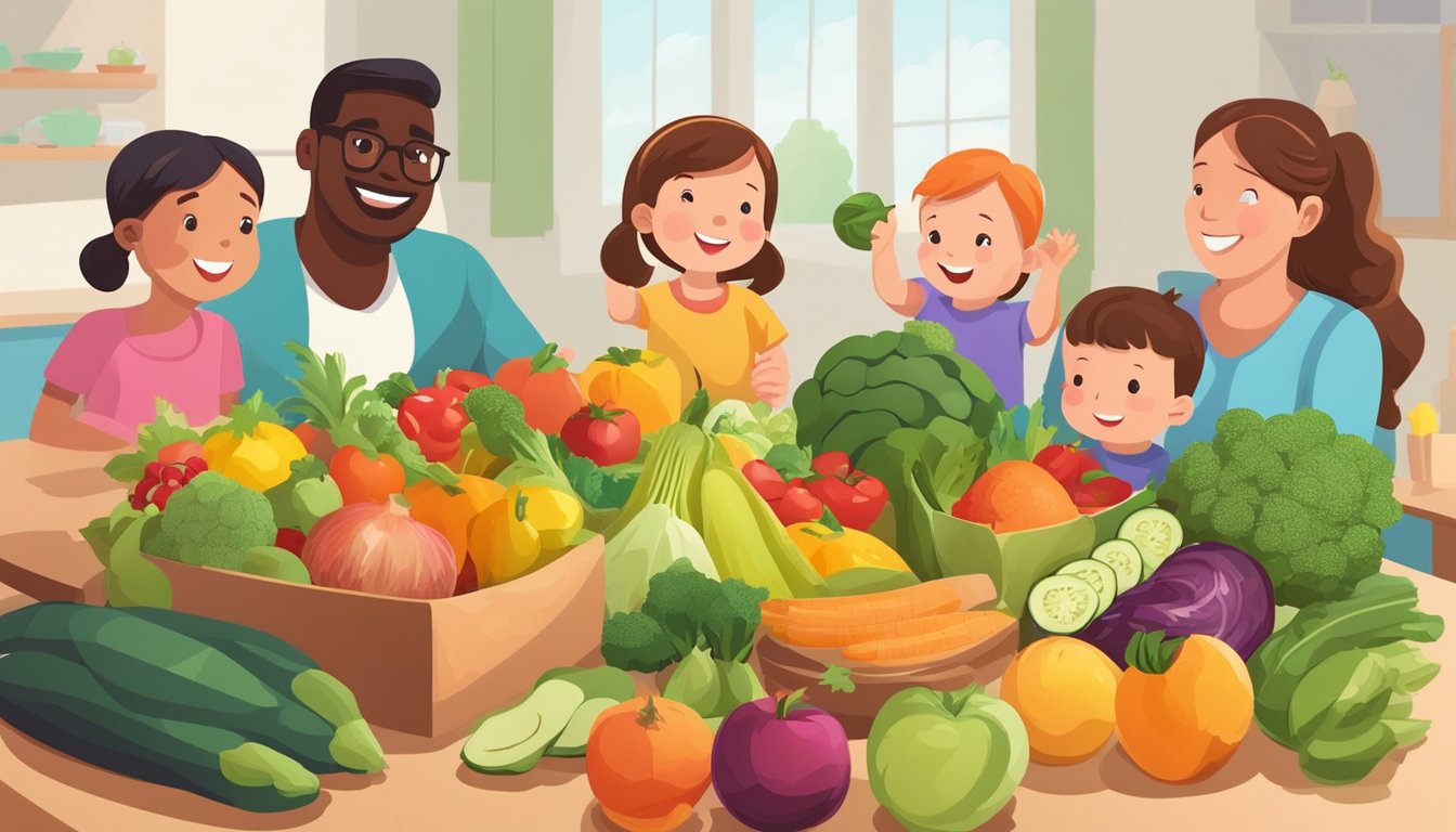 A group of colorful fruits and vegetables arranged on a table, surrounded by happy toddlers and their parents. A nutritionist is giving a presentation on healthy eating habits