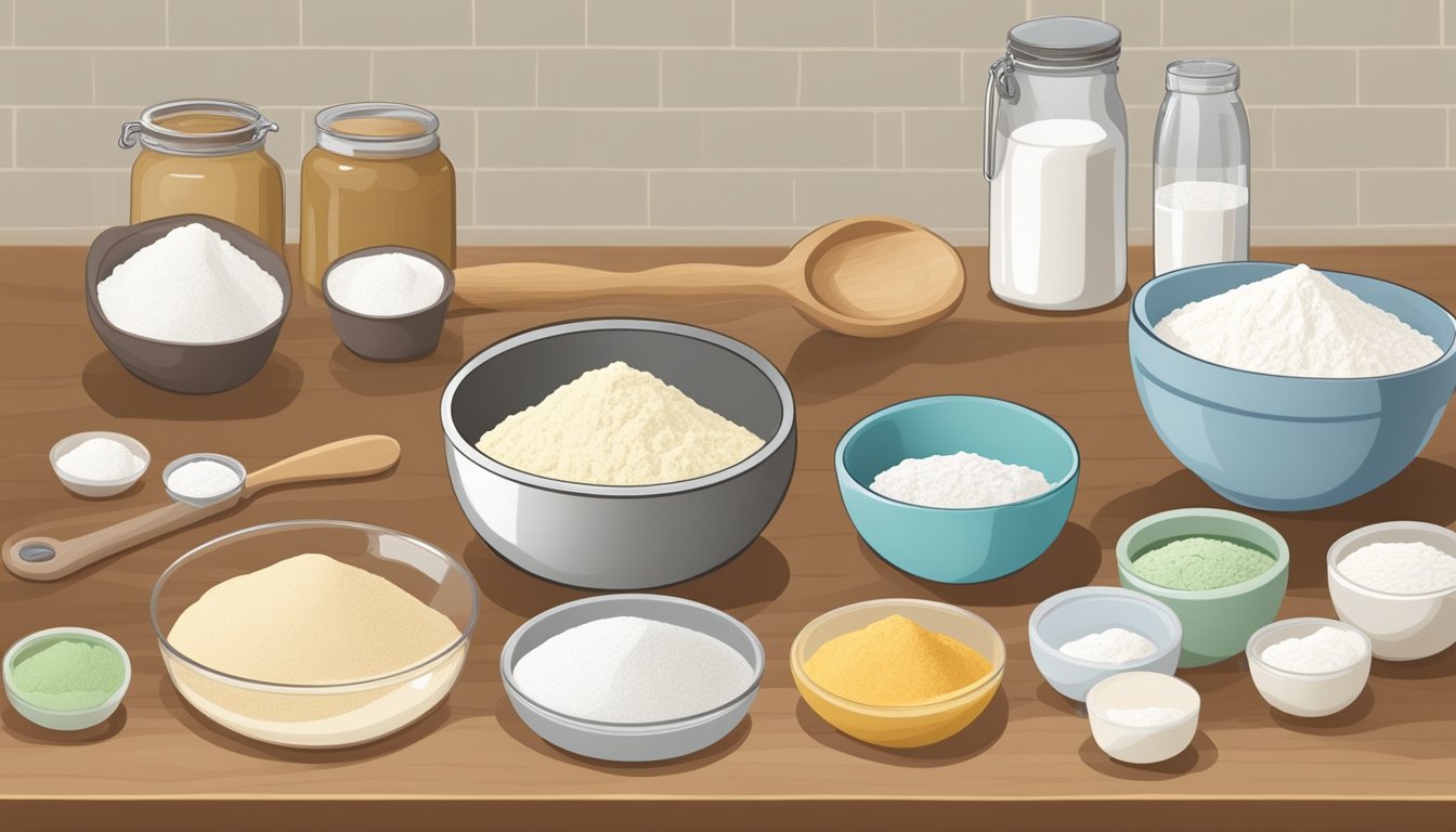 A kitchen counter with various types of flour and baking ingredients laid out, with a chart or guidebook open to a page about flour substitutions