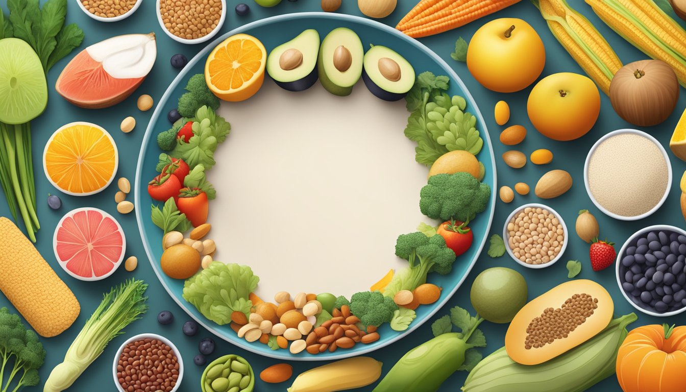 A variety of fiber-rich foods arranged on a colorful plate, including fruits, vegetables, whole grains, and legumes