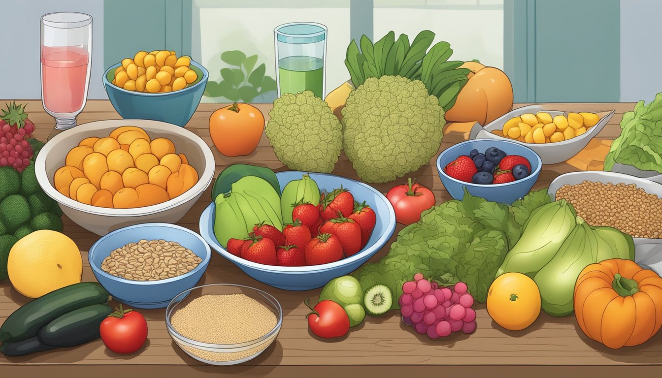 A colorful array of fruits, vegetables, and whole grains arranged on a kitchen table, with a glass of water nearby