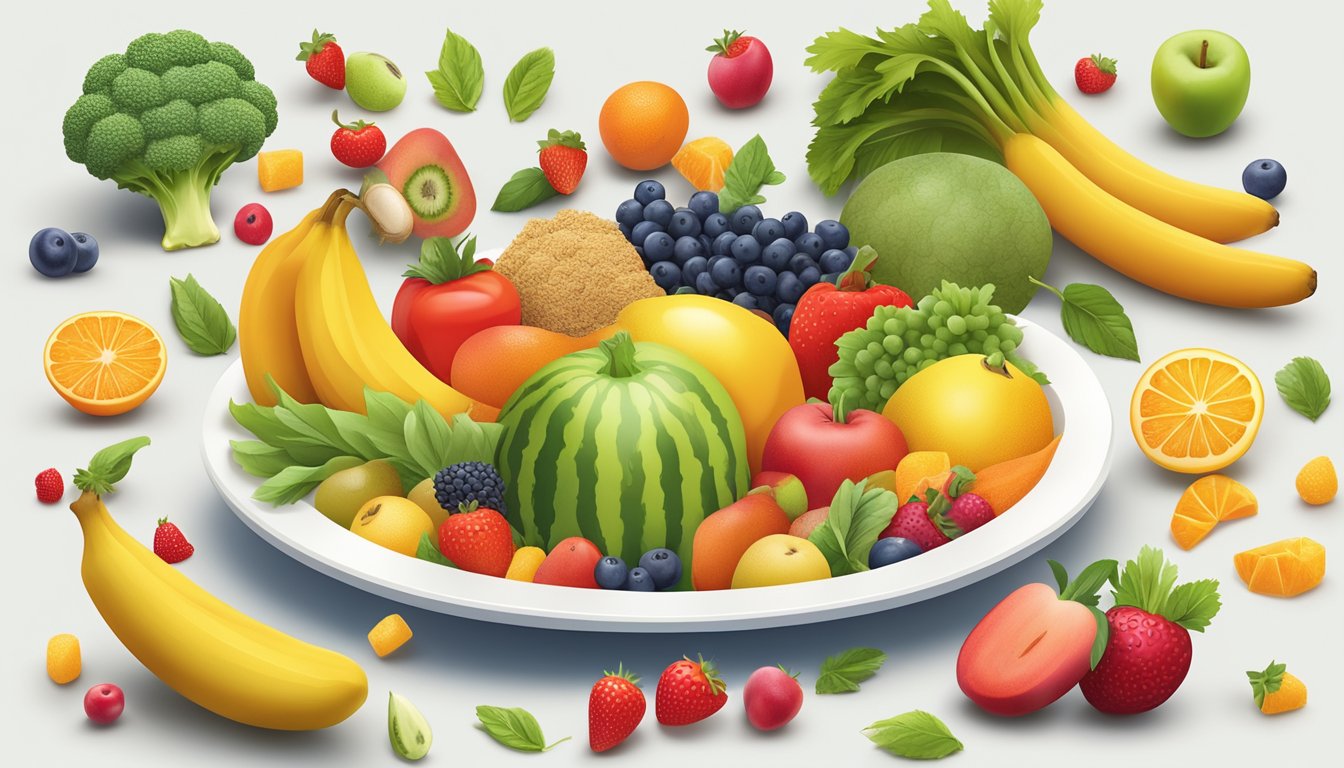 A colorful array of fruits, vegetables, and whole grains arranged on a child-friendly plate, surrounded by happy, playful imagery