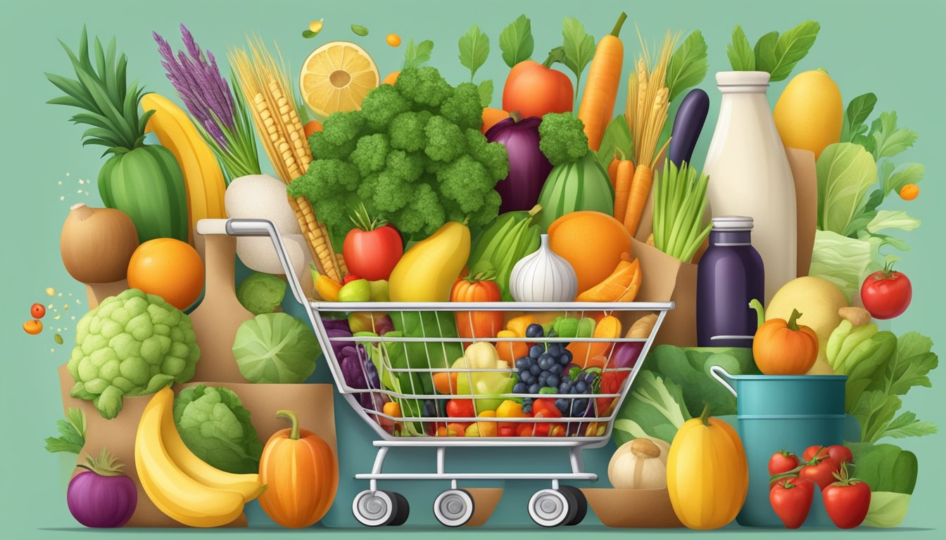 A colorful grocery cart filled with fresh fruits, vegetables, and whole grains, surrounded by a variety of kitchen utensils and cooking ingredients