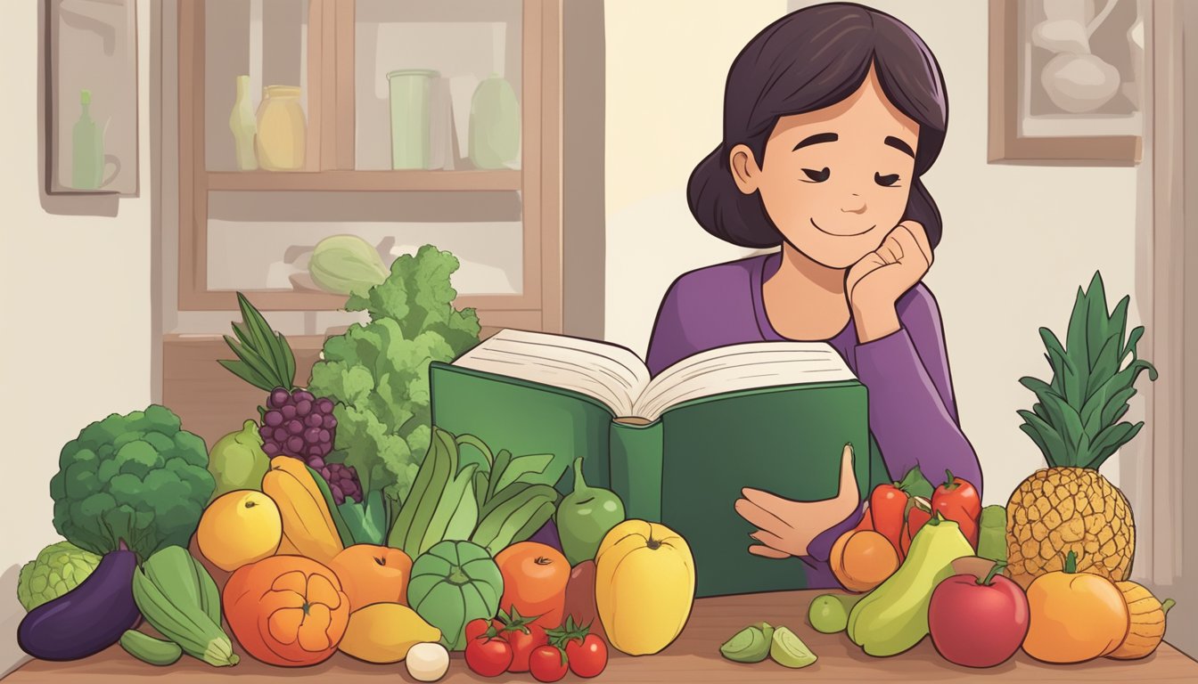 A parent holding a variety of fruits and vegetables while reading a book on childhood nutrition, with a concerned expression on their face