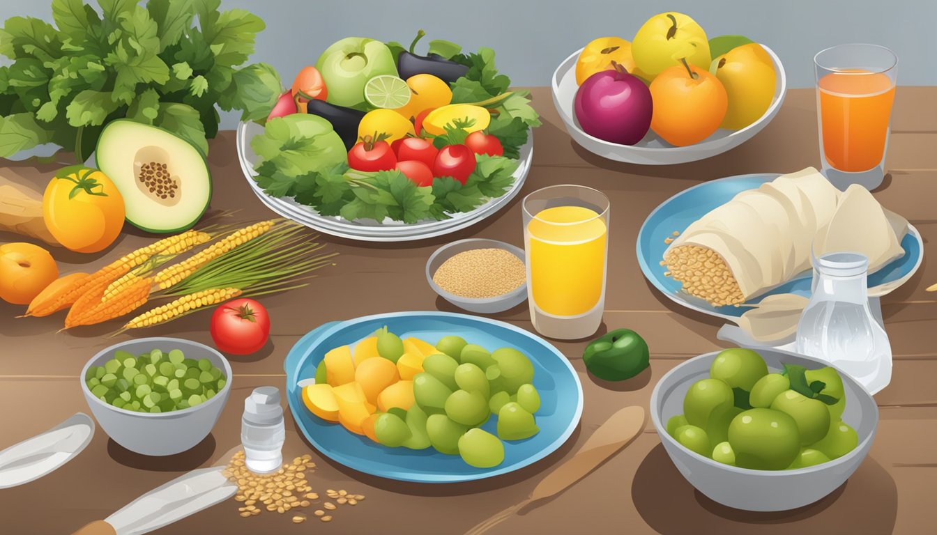 A table set with colorful fruits, vegetables, and whole grains. A glass of water sits nearby