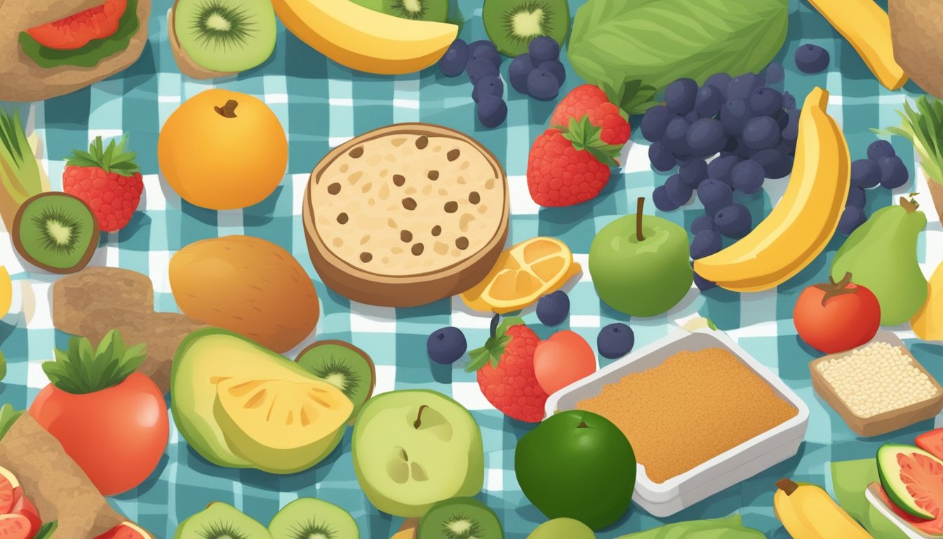 A colorful picnic blanket spread with a variety of fresh fruits, vegetables, and whole grains, with a small child's lunchbox nearby