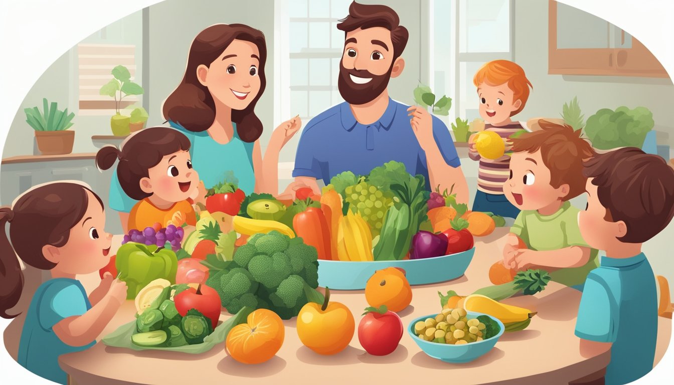 A group of toddlers sitting around a table, happily eating a variety of colorful fruits and vegetables while a professional nutritionist offers guidance to a group of attentive parents