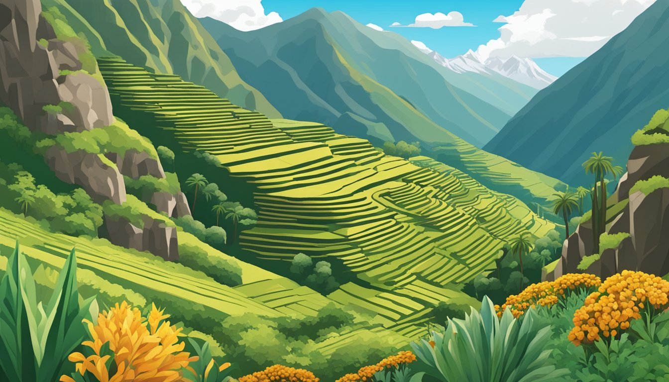 A lush Andean mountainside with rows of vibrant maca plants, overlooked by ancient Incan ruins