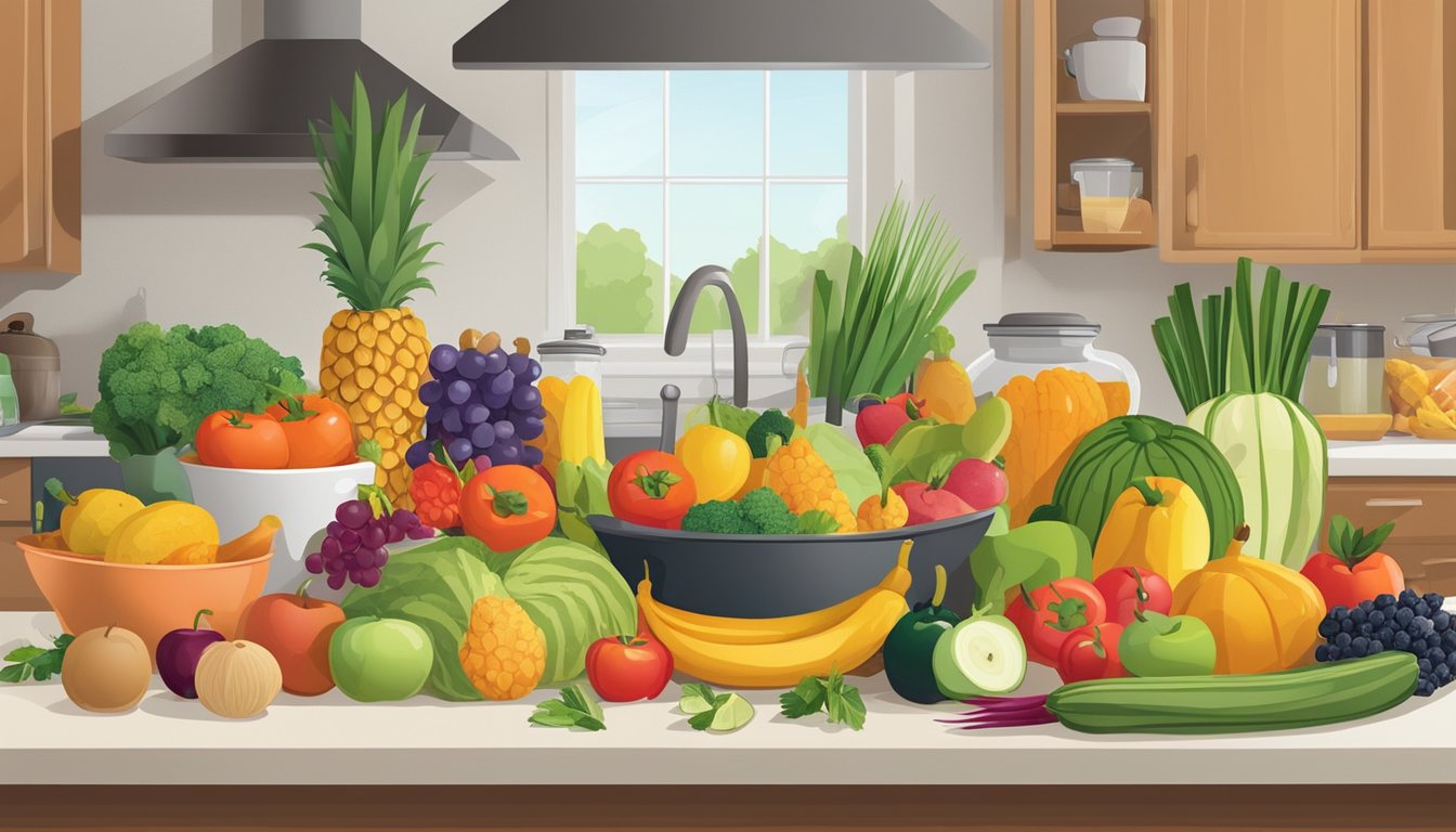 A colorful array of fresh fruits, vegetables, and whole grains spread out on a kitchen counter, with a variety of cooking utensils and pots nearby